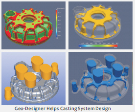 Geo-Design helps the designer to understand the thickness/mass distribution of the gravity casting parts. (upper left: thickness analysis upper right: Mass Distribution Index (MDI) of the thicker region)
